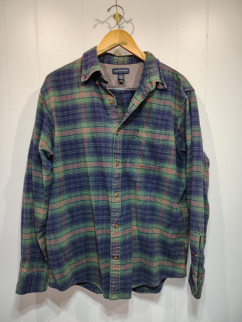 Lands End Flannel Shirt Plaid Green Size Large